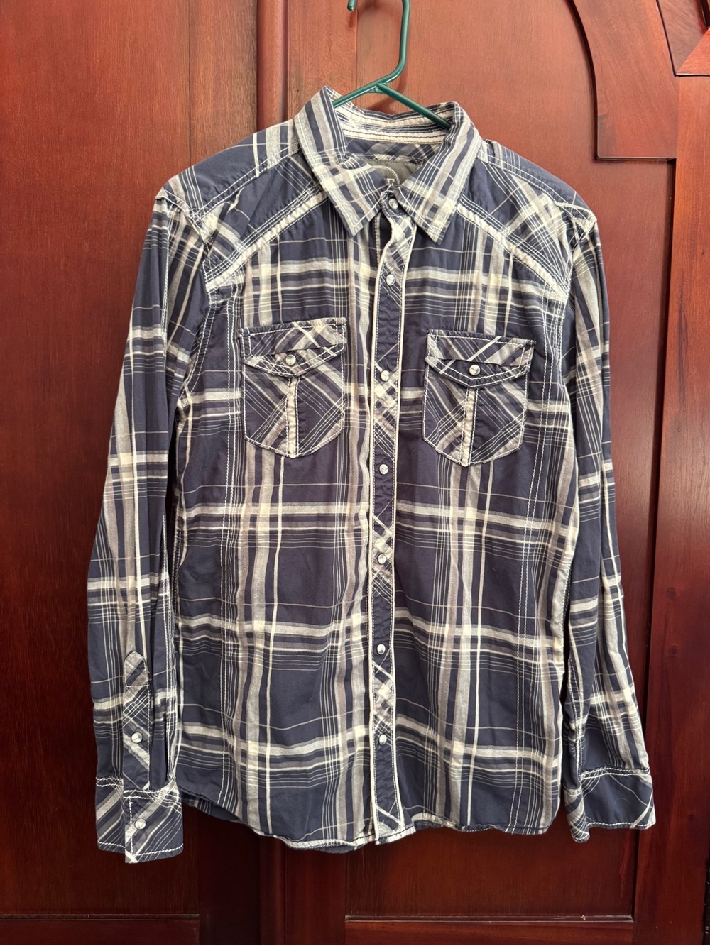 BKE Men’s Plaid Pearl Snap Western Shirt Athletic Fit Medium Blue Gray